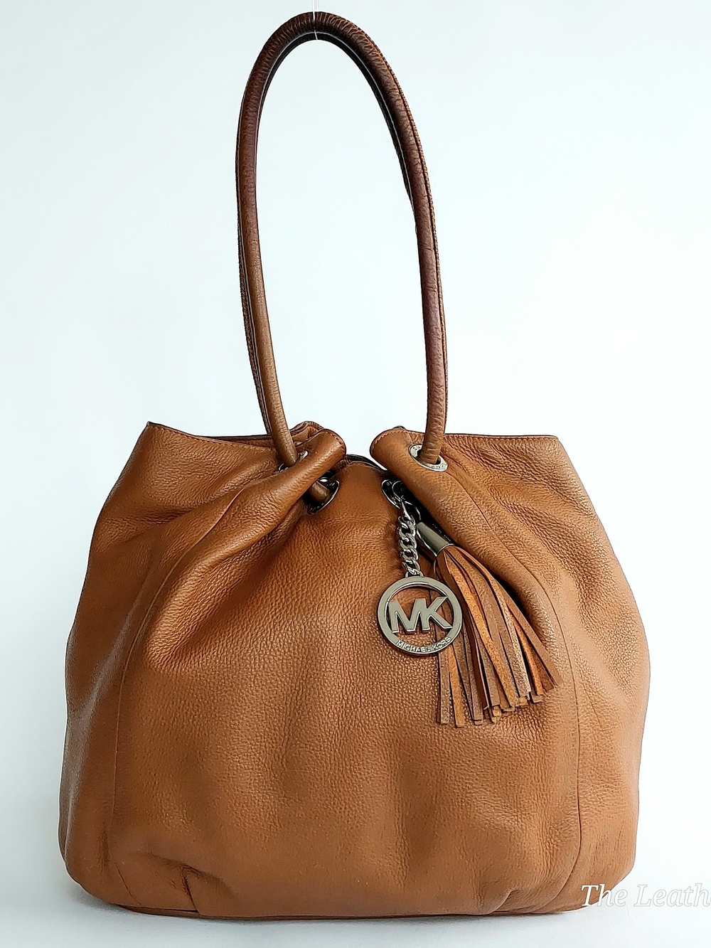 Michael Kors Tan Leather Shoulder Tote with MK Charm & Tassel